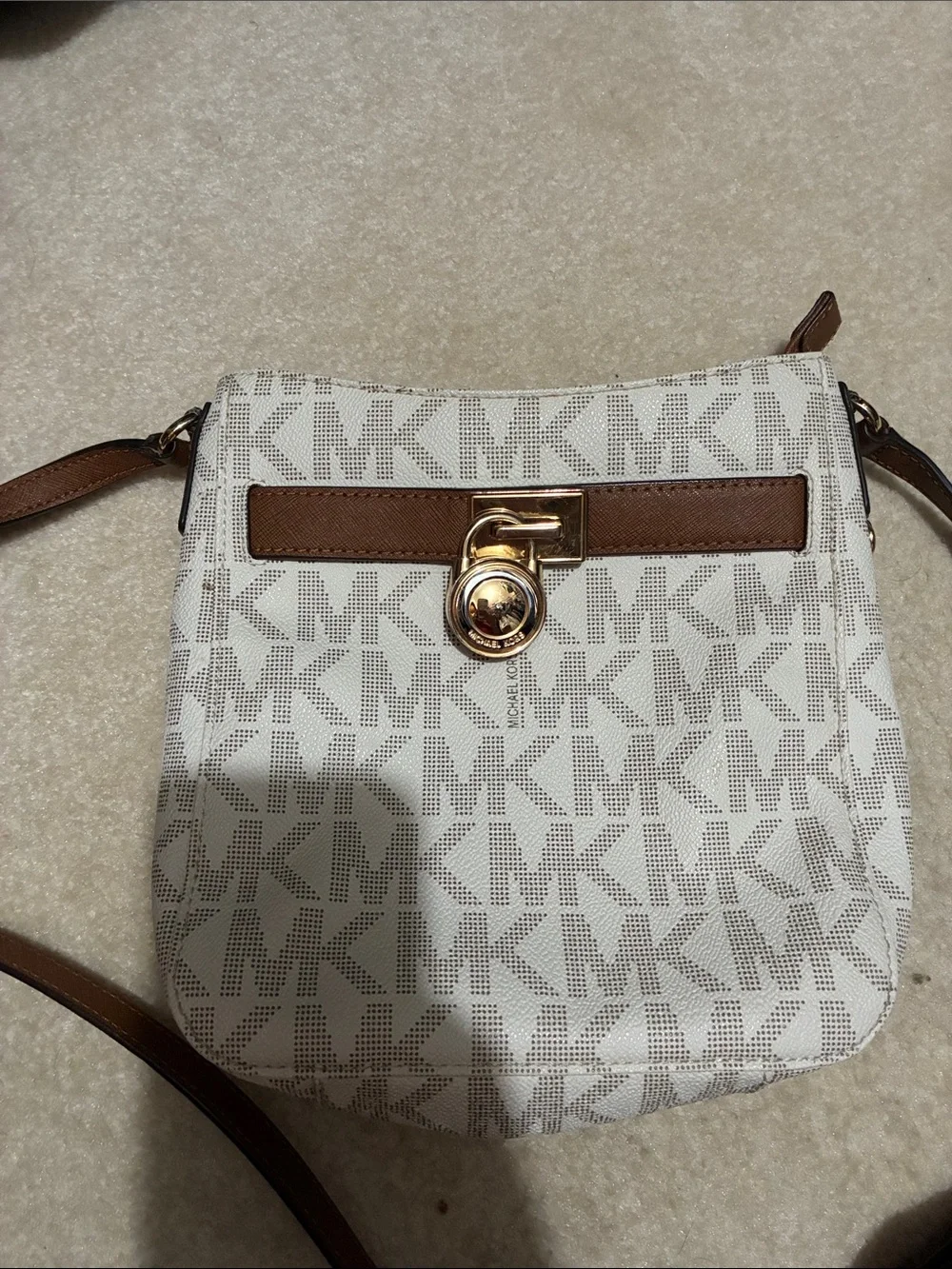 Michael Kors White & Brown Logo Crossbody with Gold-Tone Lock
